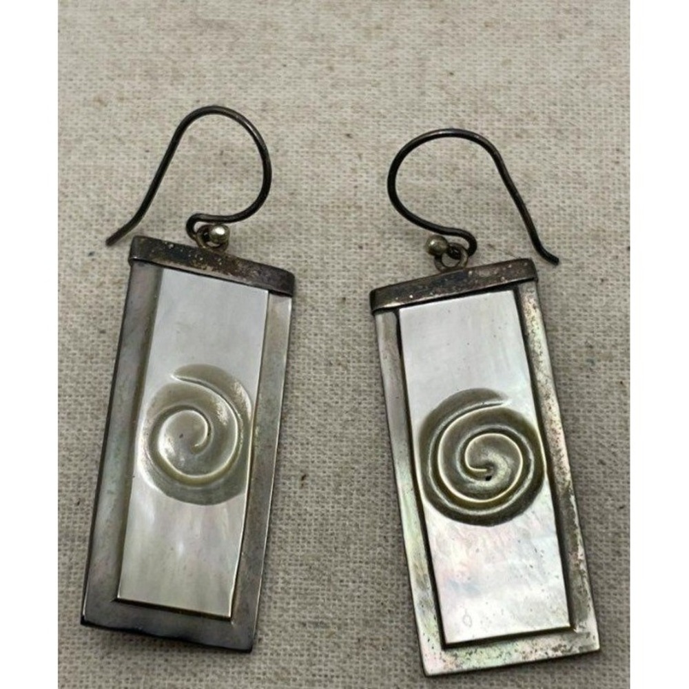 925 Sterling Silver Mother of Pearl Spiral Drop Earrings Rectangle Dangle